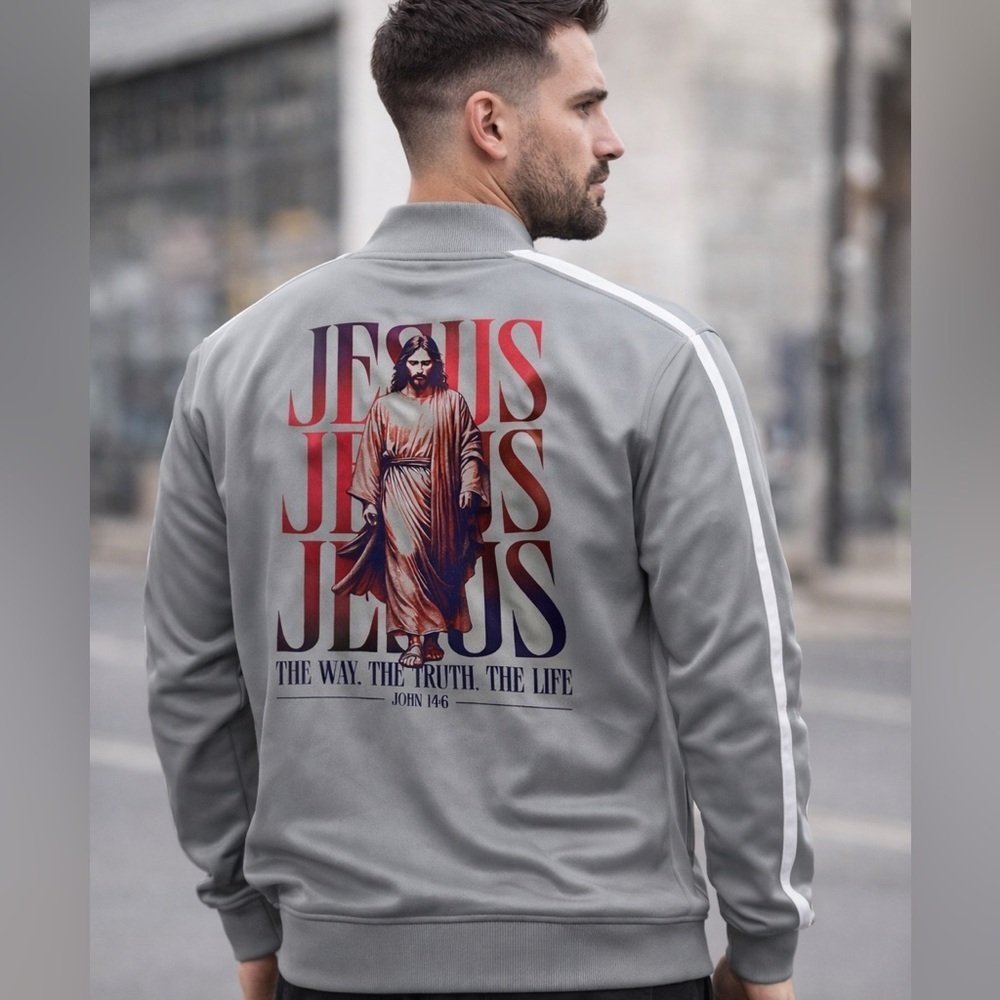 Linea Uomo Jesus Graphic Track Jacket Gray Full Zip Christian Bomber Sz 3XL NWT